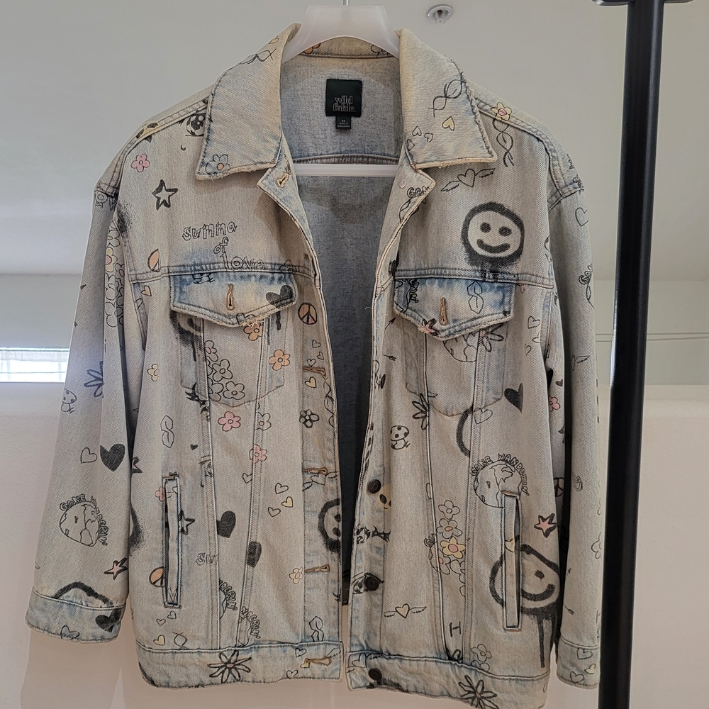 WILD FABLE Oversized Graphic Denim Jacket with Smiley Faces